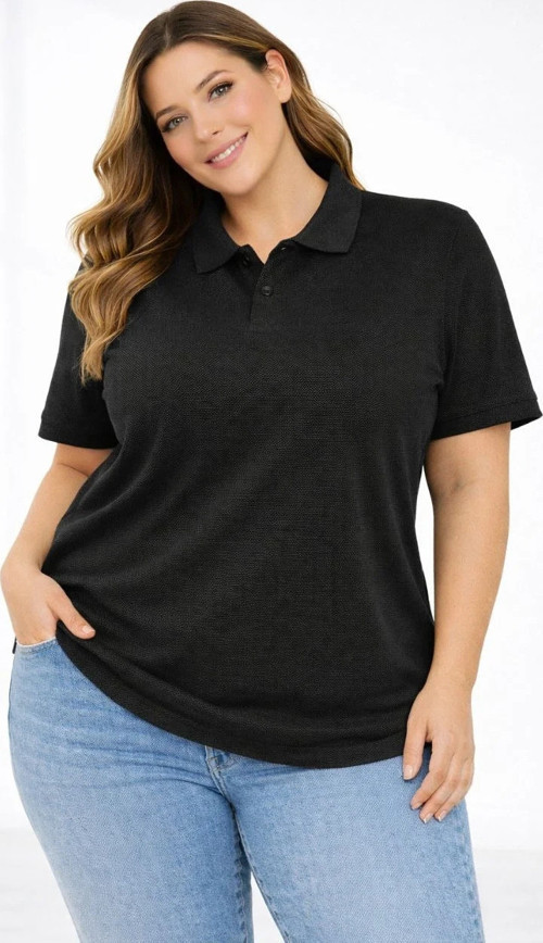 Kadın Pike Kumaş Düğmeli Yaka Battal Büyük Beden Günlük Kısa kol Tişört T-shirt - Siyah