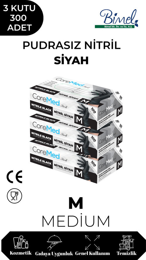 Nitril Siyah Pudrasız Muayene Eldiveni M - 3 Paket 100 lü