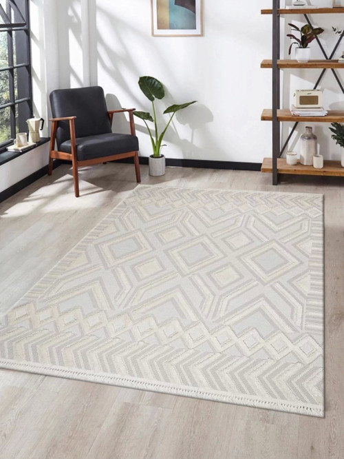 Grade Bukleli Dokuma Halı Çocuk Odası Oturma Odası Salon Mutfak Halısı - Krem Gri