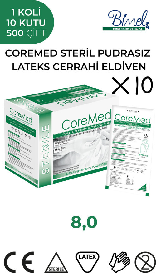 STERİL CERRAHİ LATEKS PUDRASIZ ELDİVEN 8 BEDEN 1 Koli-10 Paket-500 Çift