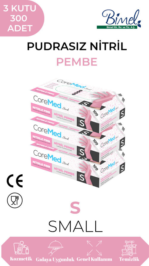 Nitril Pembe Pudrasız Muayene Eldiveni S - 3 Paket 100 lü