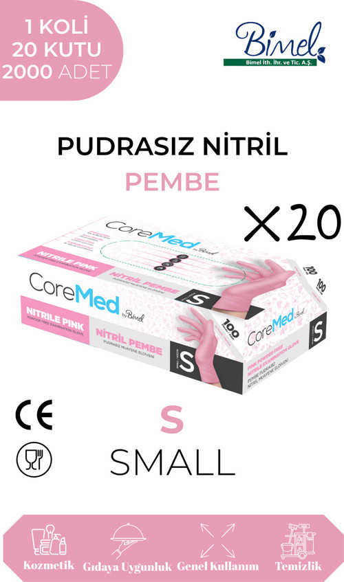 Nitril Pembe Pudrasız Muayene Eldiveni S - 1 Koli-20 Paket-2000'li
