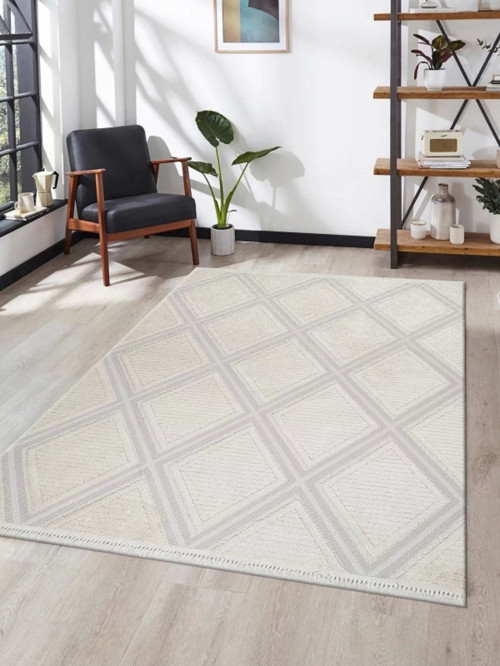 Grade Bukleli Dokuma Halı Çocuk Odası Oturma Odası Salon Mutfak Halısı - Krem Gri