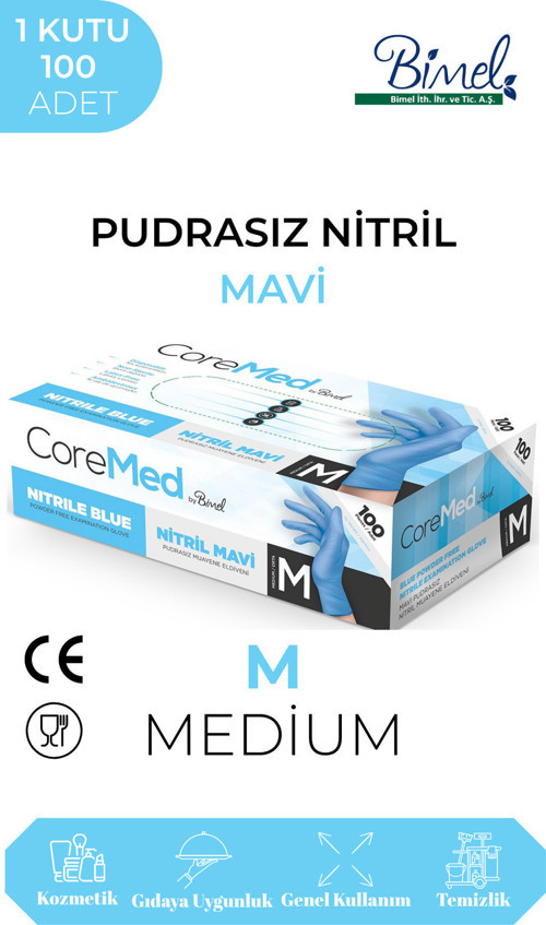 Nitril Mavi Pudrasız Muayene Eldiveni M - 1 Paket 100 lü