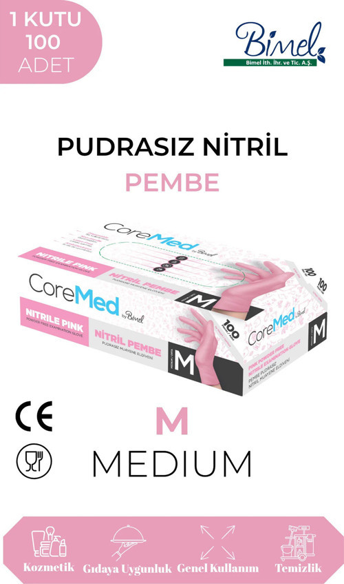Pembe Nitril Muayene Eldiveni Pudrasız 100'lü Paket - Medium