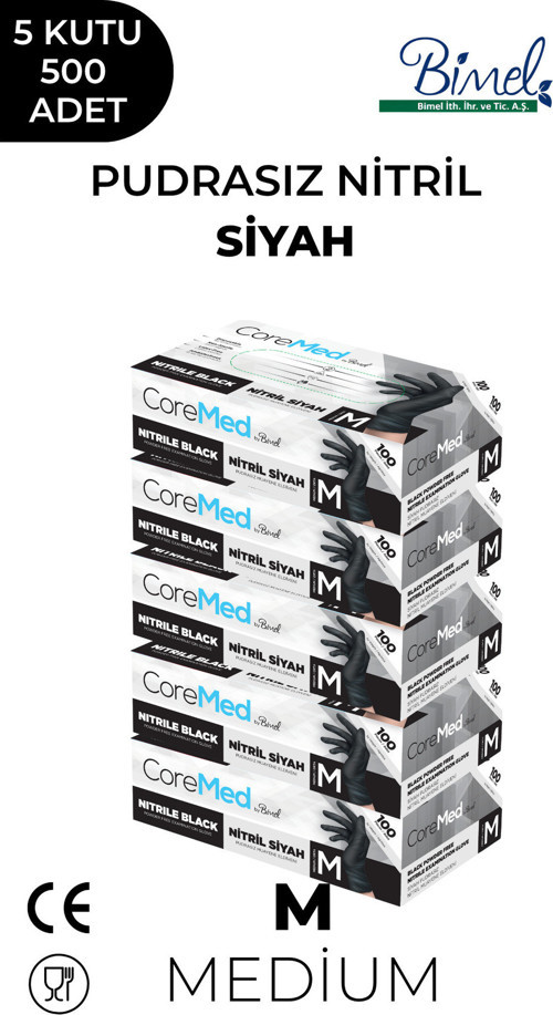 Nitril Siyah Pudrasız Muayene Eldiveni M - 5 Paket 100 lü