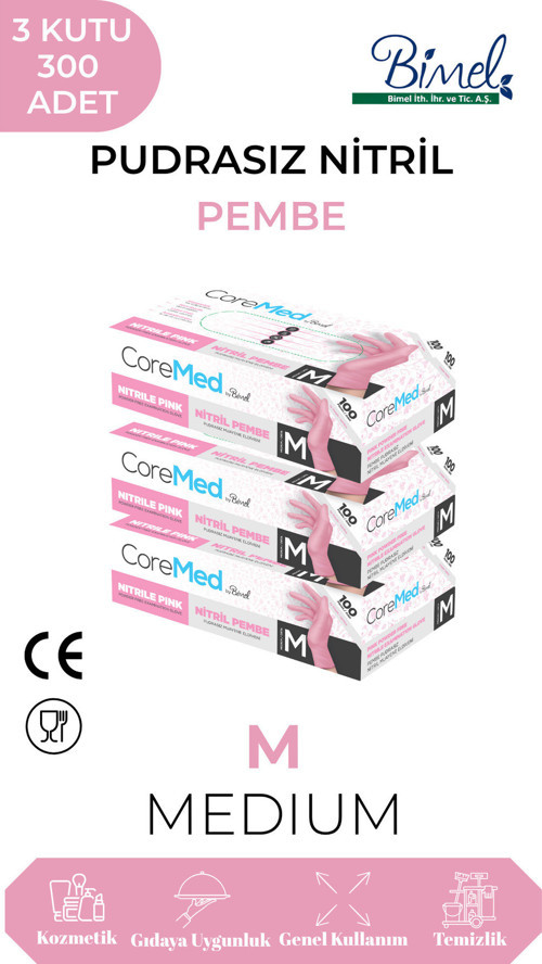 Nitril Pembe Pudrasız Muayene Eldiveni M - 3 Paket 100 lü