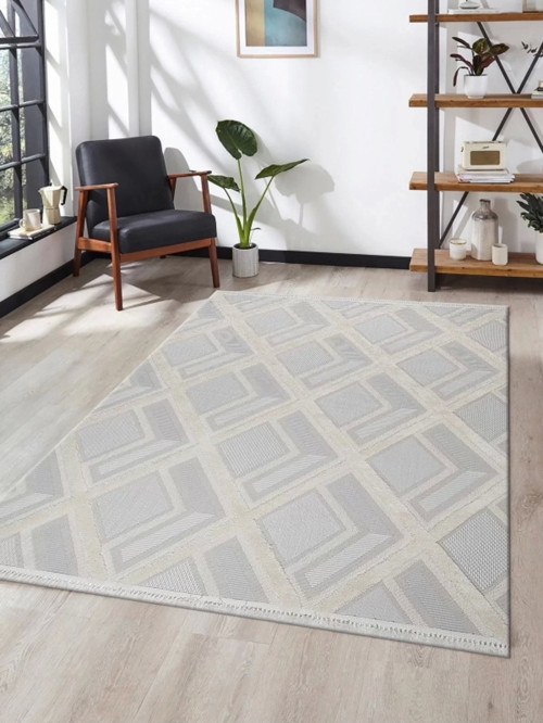 Grade Bukleli Dokuma Halı Çocuk Odası Oturma Odası Salon Mutfak Halısı - Krem Gri