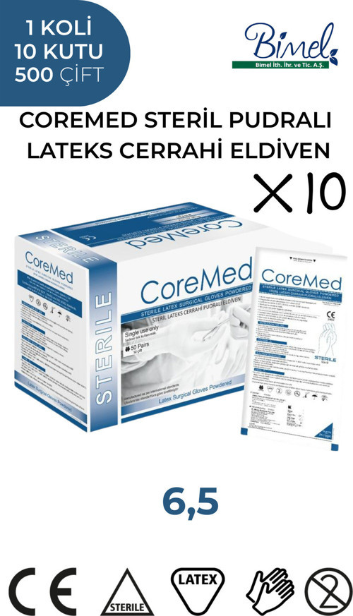 STERİL CERRAHİ LATEKS PUDRALI ELDİVEN 6,5 BEDEN 1 Koli-10 Paket-500 Çift