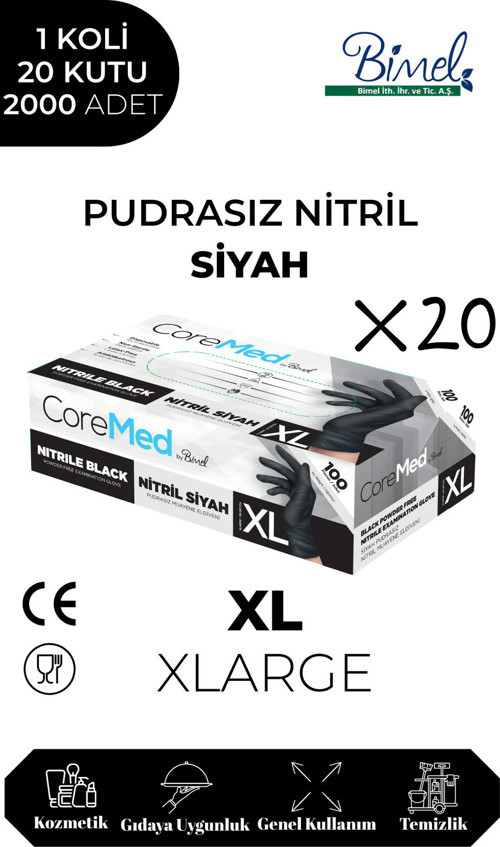 Nitril Siyah Pudrasız Muayene Eldiveni XL - 1 Koli-20 Paket-2000'li