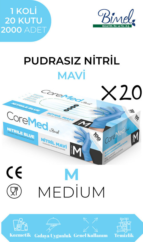 Nitril Mavi Pudrasız Muayene Eldiveni M - 1 Koli-20 Paket-2000'li