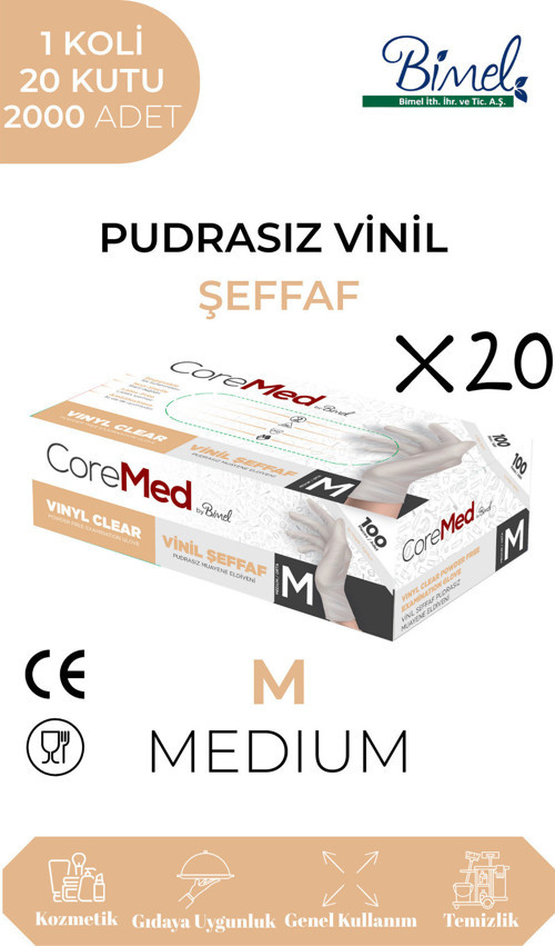 Vinil Şeffaf Pudrasız Muayene Eldiveni M - 1 Koli-20 Paket-2000'li