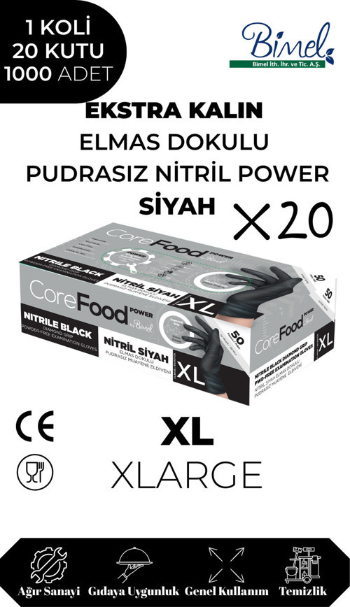 Nitril Siyah Power Muayene Eldiveni XL - 1 Koli-20 Paket-1000'li