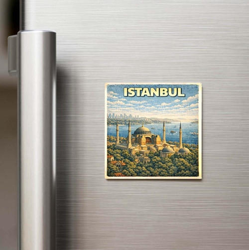 İstanbul Şehri (Ayasofya) - Pop-Art Travel - Baskılı Buzdolap Magneti Kare 9x9 cm