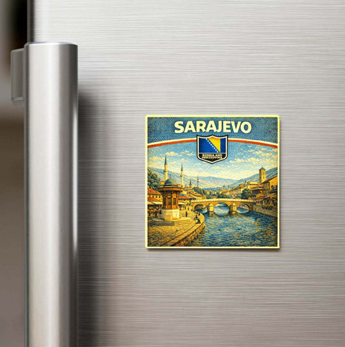 Retro Bosna-Hersek Saraybosna Şehri Temalı Vintage Baskılı Buzdolap Magneti Kare – 9x9 cm