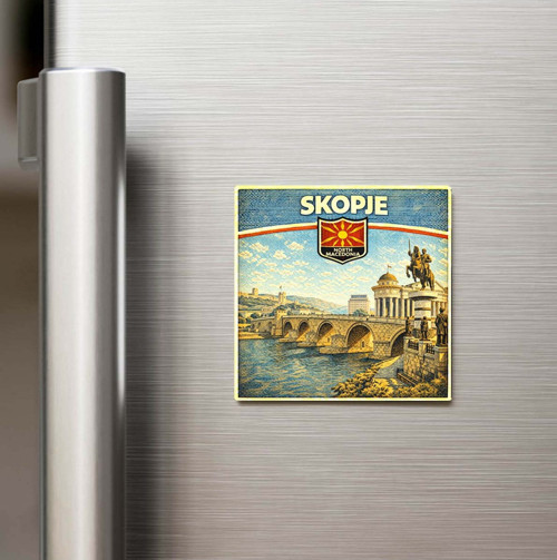 Retro Kuzey Makedonya Üsküp Şehri Temalı Vintage Baskılı Buzdolap Magneti Kare – 9x9 cm