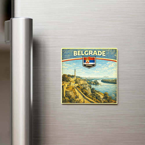 Retro Sırbistan Belgrad Şehri Temalı Vintage Baskılı Buzdolap Magneti Kare – 9x9 cm