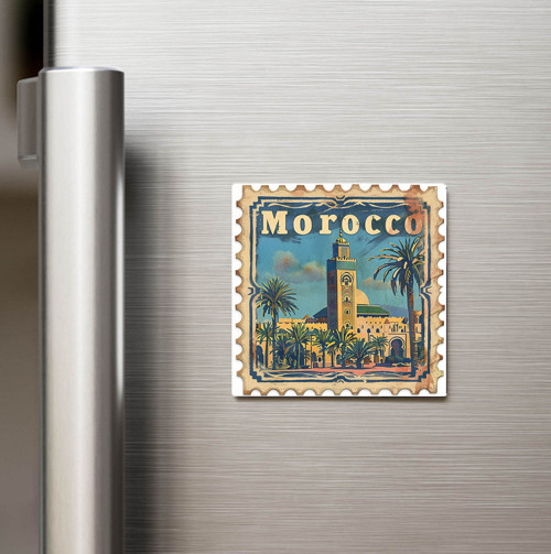 Fas Morocco - Posta Pulu Temalı Ülke - Baskılı Buzdolap Magneti Kare - 9x9 cm
