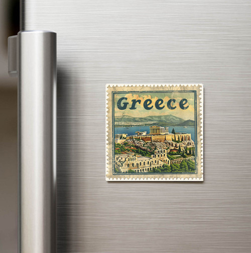 Yunanistan Greece - Posta Pulu Temalı Ülke - Baskılı Buzdolap Magneti Kare - 9x9 cm