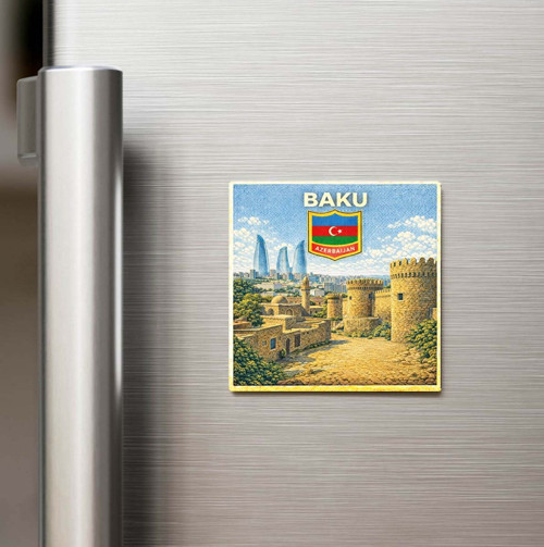 Retro Azerbaycan Bakü Şehri Temalı Vintage Baskılı Buzdolap Magneti Kare – 9x9 cm