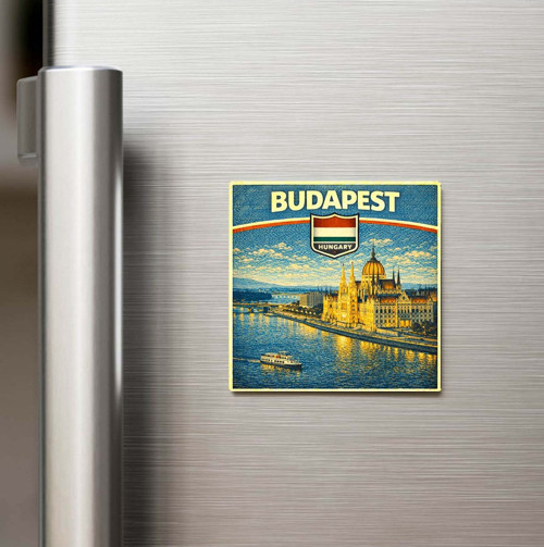Retro Macaristan Budapeşte Şehri Temalı Vintage Baskılı Buzdolap Magneti Kare – 9x9 cm