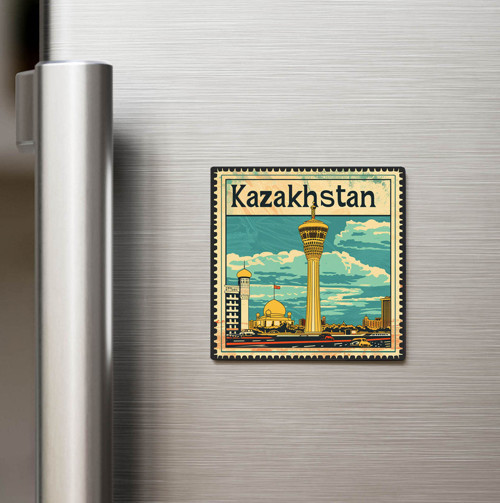 Kazakistan Kazakhstan - Posta Pulu Temalı Ülke - Baskılı Buzdolap Magneti Kare - 9x9 cm
