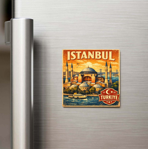 İstanbul Şehri (Türk Bayraklı) - Pop-Art Travel - Baskılı Buzdolap Magneti Kare 9x9 cm