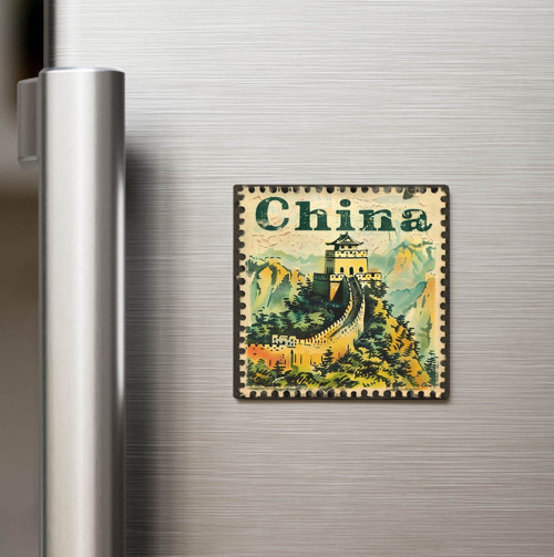 Çin China - Posta Pulu Temalı Ülke - Baskılı Buzdolap Magneti Kare - 9x9 cm