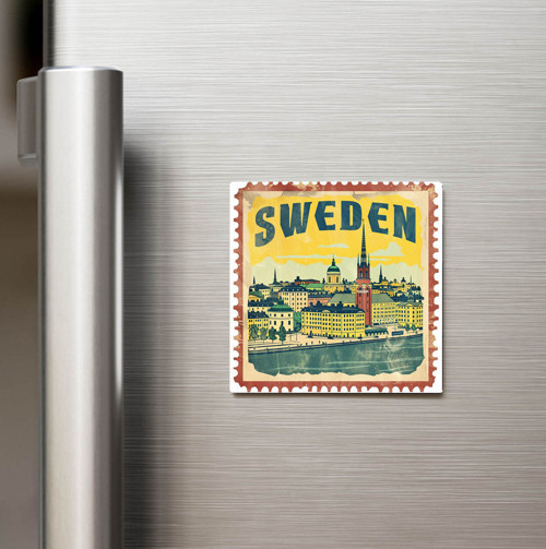 İsveç Sweden - Posta Pulu Temalı Ülke - Baskılı Buzdolap Magneti Kare - 9x9 cm