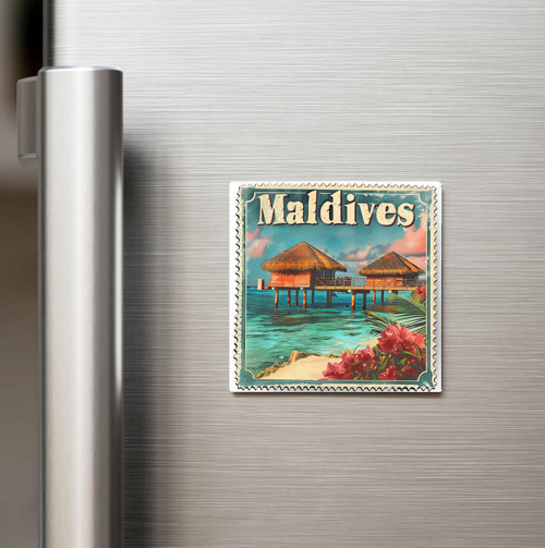 Maldivler Maldives - Posta Pulu Temalı Ülke - Baskılı Buzdolap Magneti Kare - 9x9 cm
