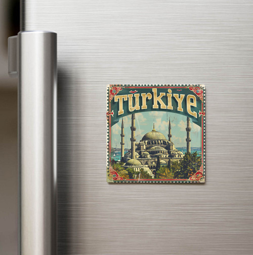 Türkiye Blue Mosque - Posta Pulu Temalı Ülke - Baskılı Buzdolap Magneti Kare - 9x9 cm