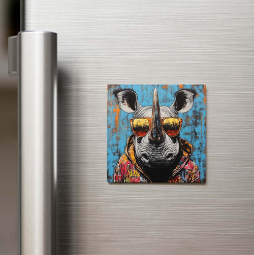 Rhino - Gergedan - Güneş Gözlüklü Style - Baskılı Buzdolap Magneti Kare - 9x9 Cm