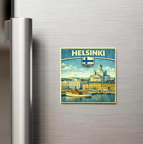Retro Finlandiya Helsinki Şehri Temalı Vintage Baskılı Buzdolap Magneti Kare – 9x9 cm
