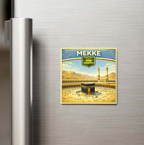 Retro Suudi Arabistan Mekke Şehri Temalı Vintage Baskılı Buzdolap Magneti Kare – 9x9 cm