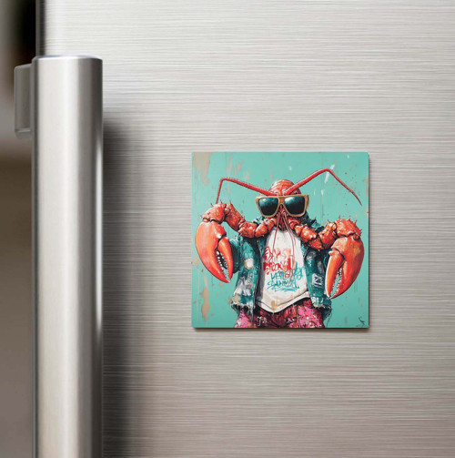Lobster - Istakoz - Güneş Gözlüklü Style - Baskılı Buzdolap Magneti Kare - 9x9 Cm
