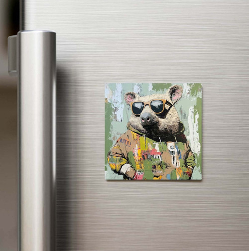 Wombat - Vombat - Güneş Gözlüklü Style - Baskılı Buzdolap Magneti Kare - 9x9 Cm