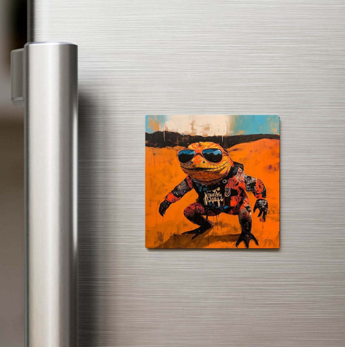Gila Monster - Gila Kertenkelesi - Güneş Gözlüklü Style - Baskılı Buzdolap Magneti Kare - 9x9 Cm