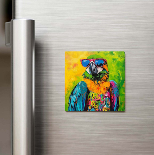 Parrot - Papağan - Güneş Gözlüklü Style - Baskılı Buzdolap Magneti Kare - 9x9 Cm