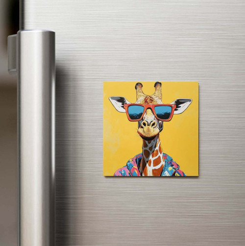 Giraffe - Zürafa - Güneş Gözlüklü Style - Baskılı Buzdolap Magneti Kare - 9x9 Cm