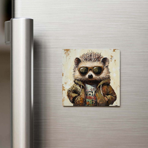 Hedgehog - Kirpi - Güneş Gözlüklü Style - Baskılı Buzdolap Magneti Kare - 9x9 Cm