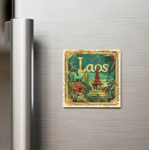 Laos Laos - Posta Pulu Temalı Ülke - Baskılı Buzdolap Magneti Kare - 9x9 cm