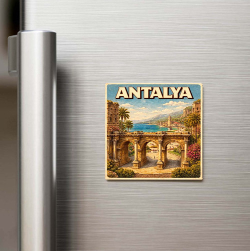 Antalya Şehri - Pop-Art Travel - Baskılı Buzdolap Magneti Kare 9x9 cm