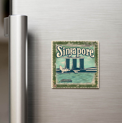 Singapur Singapore - Posta Pulu Temalı Ülke - Baskılı Buzdolap Magneti Kare - 9x9 cm