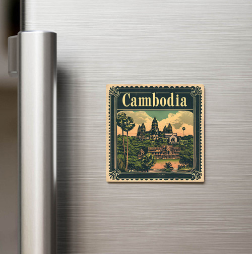 Kamboçya Cambodia - Posta Pulu Temalı Ülke - Baskılı Buzdolap Magneti Kare - 9x9 cm