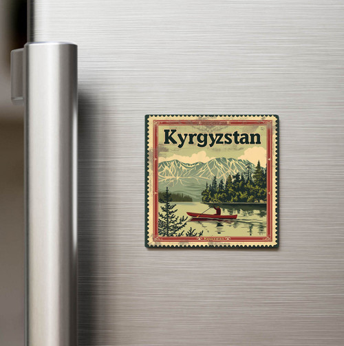 Kırgızistan Kyrgyzstan - Posta Pulu Temalı Ülke - Baskılı Buzdolap Magneti Kare - 9x9 cm