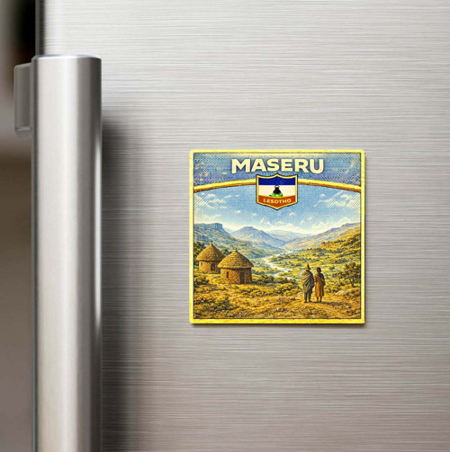Retro Lesotho Maseru Şehri Temalı Vintage Baskılı Buzdolap Magneti Kare – 9x9 cm