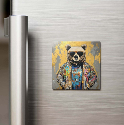 Totem Bear - Totem Ayısı - Güneş Gözlüklü Style - Baskılı Buzdolap Magneti Kare - 9x9 Cm