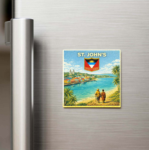 Retro Antigua ve Barbuda Saint John’s Şehri Temalı Vintage Baskılı Buzdolap Magneti Kare – 9x9 cm