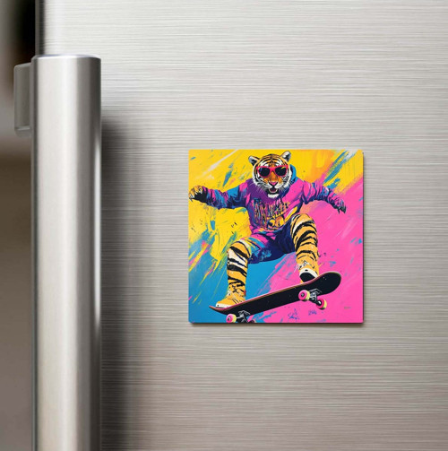 Tiger - Kaplan - Güneş Gözlüklü Style - Baskılı Buzdolap Magneti Kare - 9x9 Cm