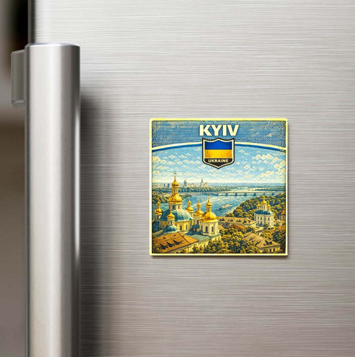 Retro Ukrayna Kiev Şehri Temalı Vintage Baskılı Buzdolap Magneti Kare – 9x9 cm